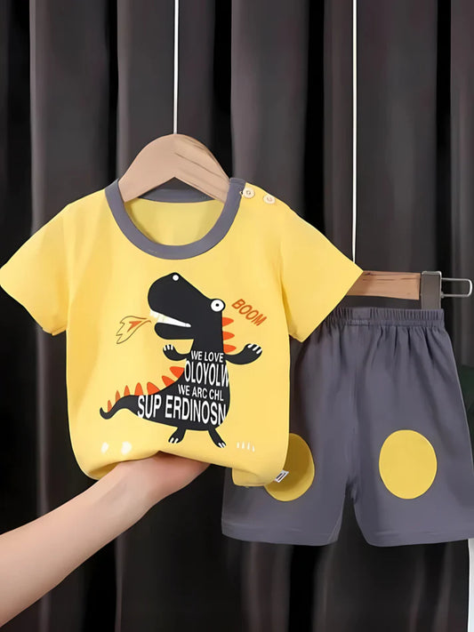 Yellow Boom Dino Printed Kids' Short Sleeve Shirt