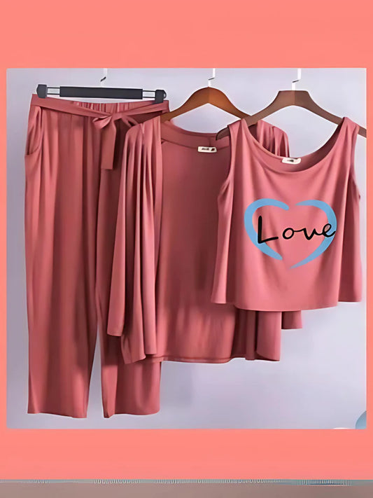 3-Piece Love Heart Printed Long Sleeve Suit for Women