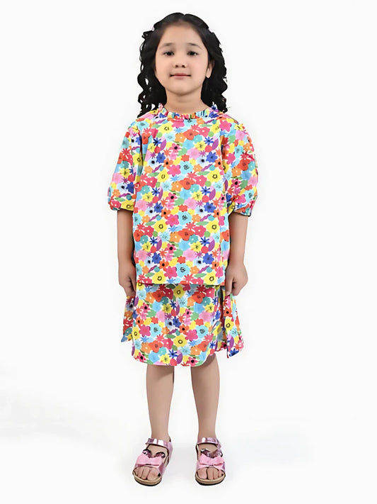 Girls Cotton Poplin 2 PCs Suit Flowers Gallery-Multi