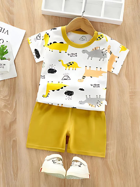 Yellow And White Dinosaur-Printed Short Sleeve T-Shirt.