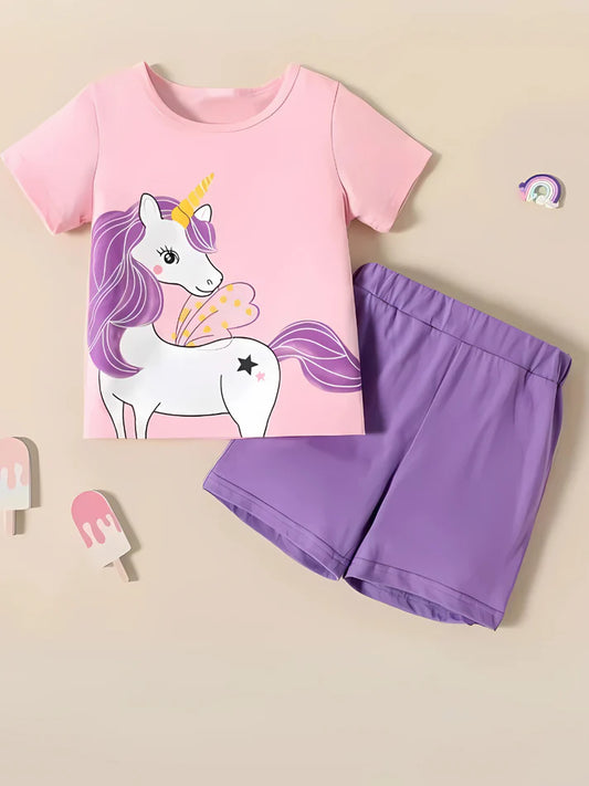 Pink Purple Unicorn Print Short-Sleeve Tee & Shorts Set