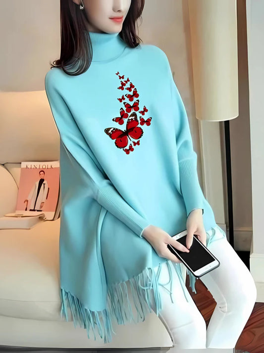 Butterfly Printed Woman's Fleece Shoal Poncho