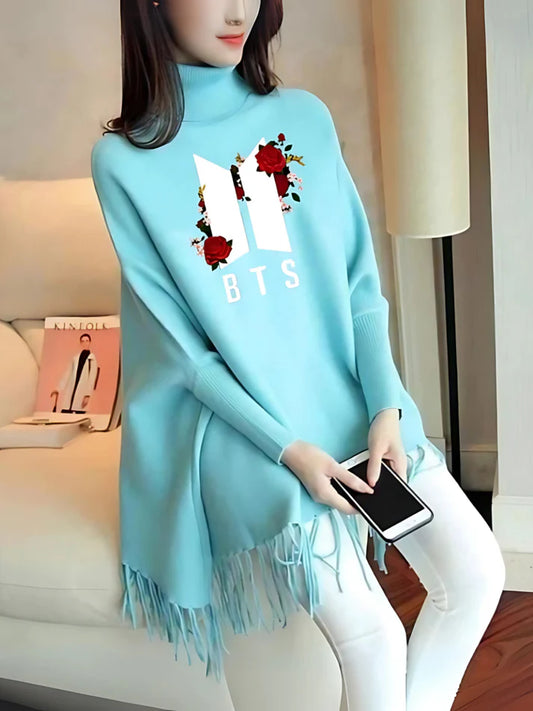 BTS With Flower Printed Woman's Fleece Shoal Poncho