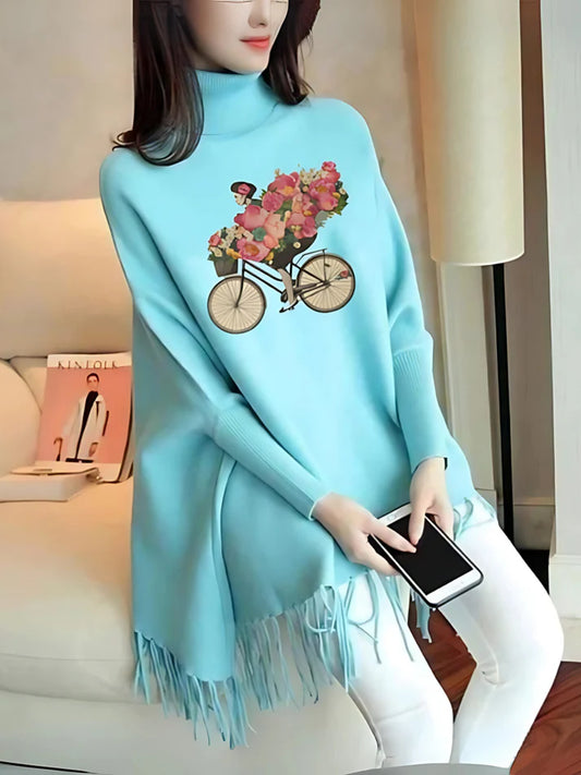 Cycle With Flower Printed Woman's Fleece Shoal Poncho