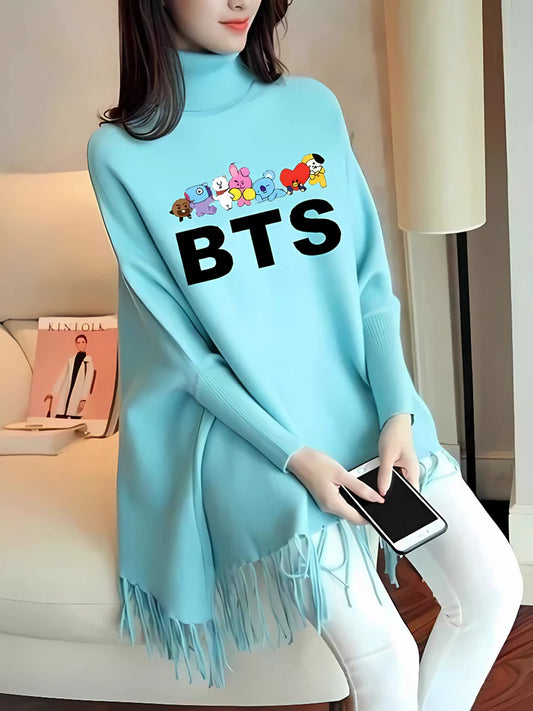 BTS With Cartoon Printed Woman's Fleece Shoal Poncho