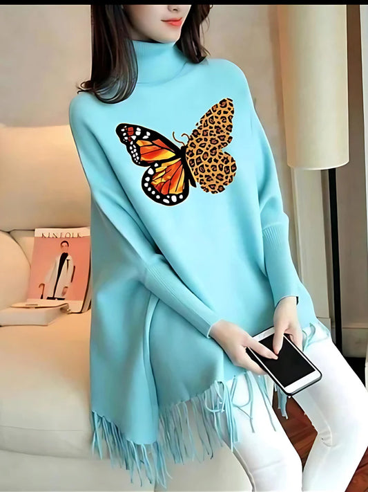 Butterfly Printed Woman's Fleece Shoal Poncho