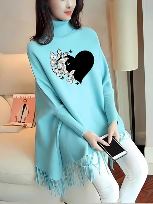 Butterfly Heart Printed Woman's Fleece Shoal Poncho