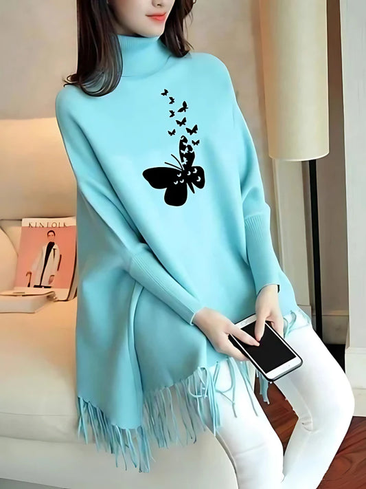 Butterfly Printed Woman's Fleece Shoal Poncho