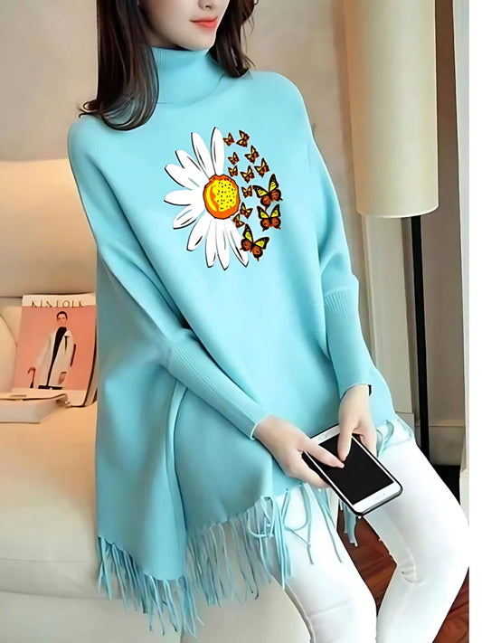 Butterfly & Sunflower Printed Woman's Fleece Shoal Poncho