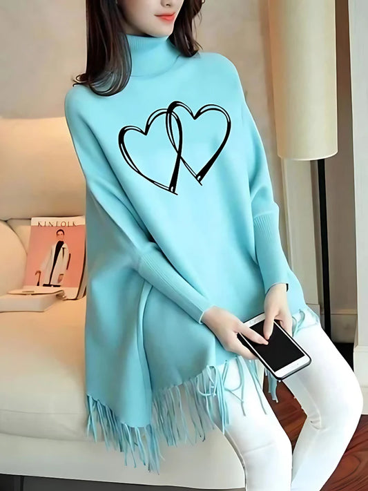 Heart Printed Woman's Fleece Shoal Poncho