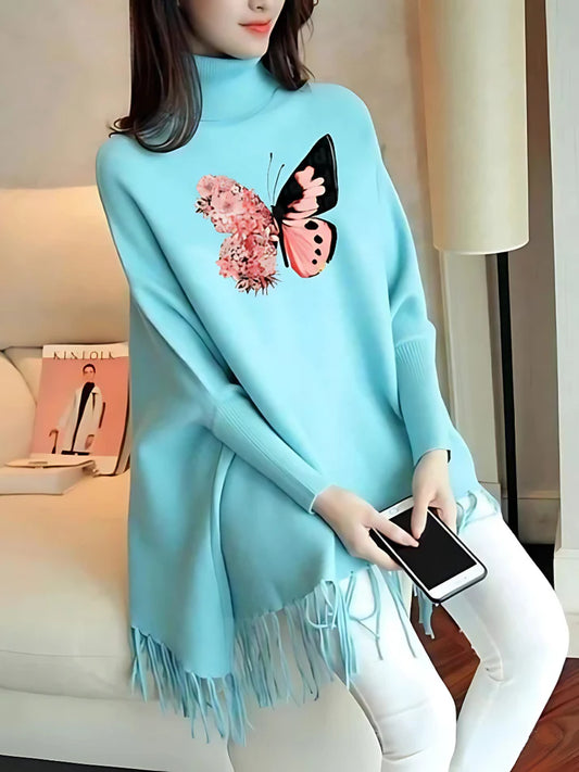 Butterfly Printed Woman's Fleece Shoal Poncho